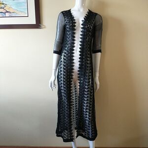 Long Open Front Cardigan XS Black Floral Crochet Sheer Grunge Witchy Whimsigoth